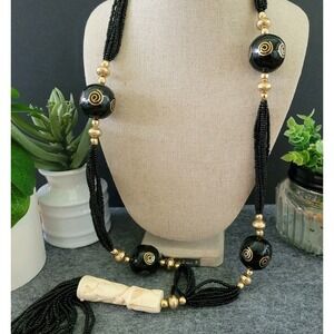 Tiki Resin Lucite Black Glass Seed Bead Multi Strand Necklace 30in